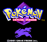 "Pokémon Crystal Version" screenshot of the game's title screen. The game's logo is displayed over a solid black background, with a purple silhouette of the Pokémon Suicune running across the bottom of the screen. Beneath the silhouette is copyright text reading, "COPYRIGHT 2001 GAME FREAK INC."