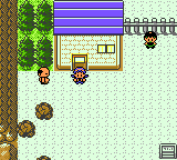 "Pokémon Crystal Version" screenshot of the player character on Route 38 standing at the entrance to a gate leading to the Battle Tower. Two NPCs are to the left and right, and rocks breakable with the HM Rock Smash dot the southwest part of the screen.