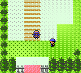 "Pokémon Crystal Version" screenshot of the player character on an outdoors path leading up the Battle Tower. An NPC stands to the east.