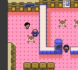 "Pokémon Crystal Version" screenshot of the player character in the Battle Tower lobby. There is a loitering NPC, as well as an NPC desk clerk.