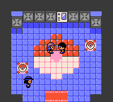 "Pokémon Crystal Version" screenshot of the player character in the Battle Tower arena facing an NPC Trainer prior to battle starting.