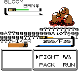 "Pokémon Crystal Version" screenshot of a Pokémon battle. The graphics are extremely glitched, with excessive junk text obscuring the back sprite of a Tauros. The opponent is a sprite of Dugtrio, but its name is displayed as "GLOOM" and its status is displayed as "BRN."