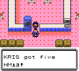 "Pokémon Crystal Version" screenshot of the player character in the Battle Tower library speaking to the desk clerk NPC. A text box displays, "KRIS got five HM13!"