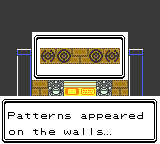 "Pokémon Crystal Version" screenshot of an examined wall inside the Ruins of Alph. A text box displays, "Patterns appeared on the walls..." An image is displayed above the text box of 4 Unown spelling out "HO-OH".