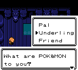 "Pokémon Crystal Version" screenshot of Dragon Shrine interior with the Elder asking the player character, "What are Pokémon to you?" with the possible answers being "pal", "underling", and "friend." The cursor is highlighting "underling."