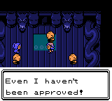 "Pokémon Crystal Version" screenshot of a cutscene inside the Dragon Shrine. Clair is facing the player character and her grandfather after the player has just passed her grandfather's test. A dialogue box displays, "Even I haven't been approved!"