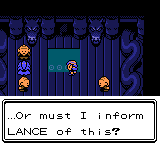 "Pokémon Crystal Version" screenshot of a cutscene inside the Dragon Shrine. Clair's grandfather, the respected elder, is speaking to her while the player character watches. A dialogue box displays, "...Or must I inform LANCE of this?"