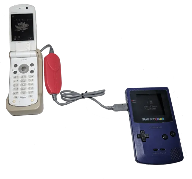 A photo showing a Game Boy Color connecting to a cell phone via a Mobile Game Boy Adapter.