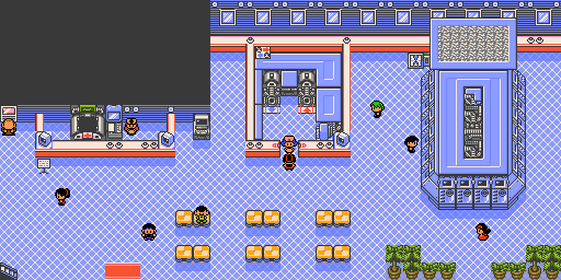 A map reconstruction of "Pokémon Crystal Version"'s Pokémon Communication Center's first floor.