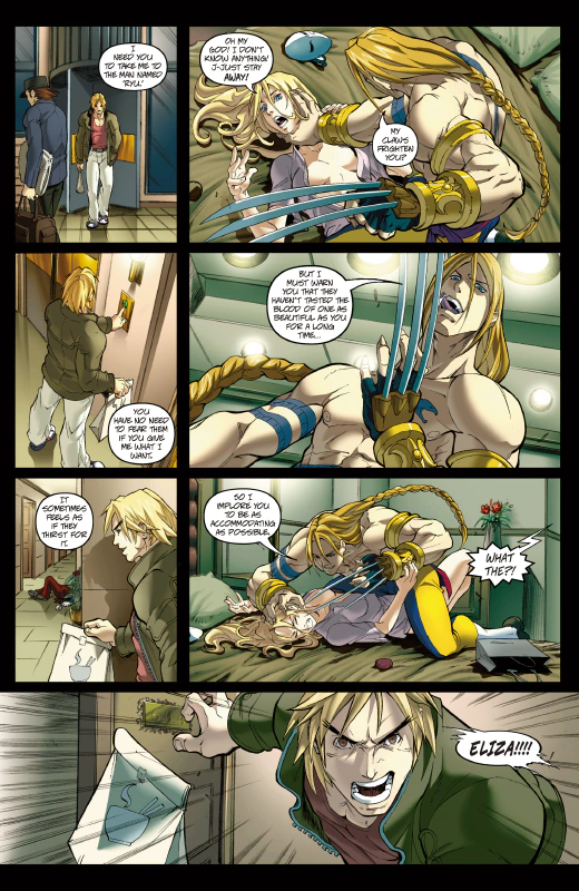 Vega threatens Ken's girlfriend Eliza for information on Ryu.